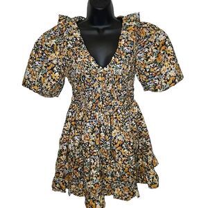 NWT ENGLISH FACTORY Plunge Smocked Cotton Floral Mini Dress Yellow Black Blue XS